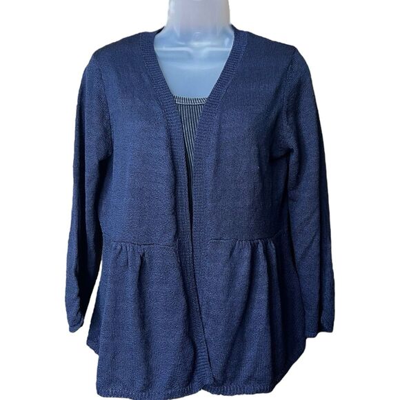 Cato Navy Blue Open Front Peplum Cardigan Sweater Long Sleeve Sz M Twee Academia - Picture 1 of 11